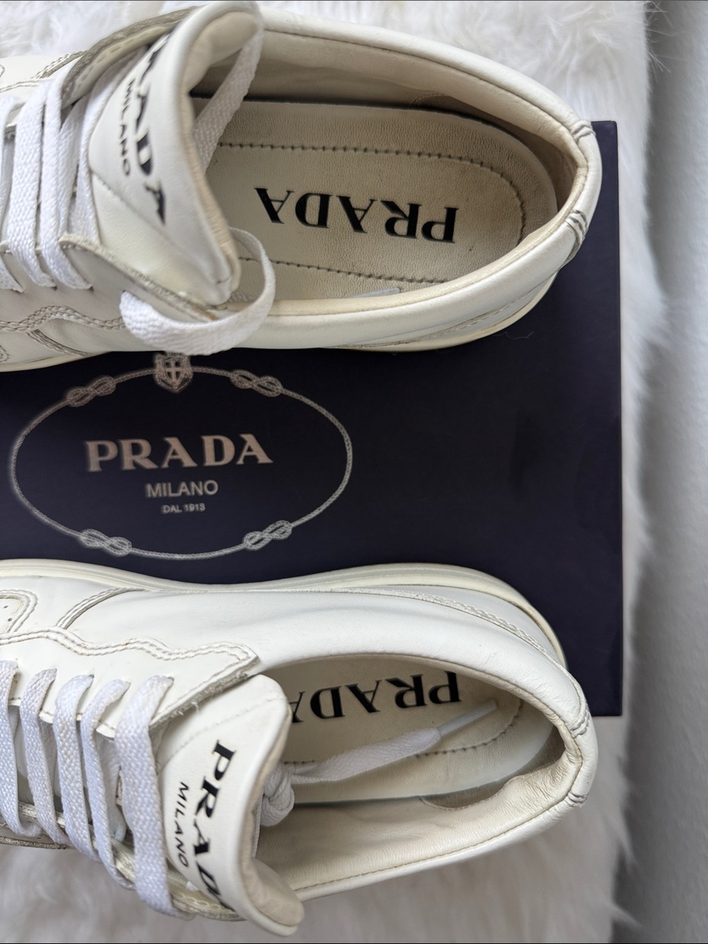 Prada White Leather Low-Top Sneakers with Gum Sole - Picture 3 of 8